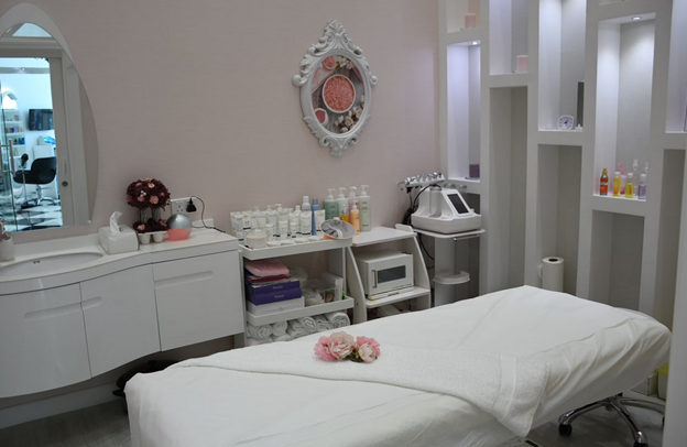 A massage table in a room