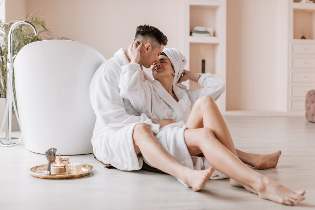 An image of a couple wearing bathrobes at a spa in Edmonton