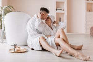 An image of a couple wearing bathrobes at a spa in Edmonton