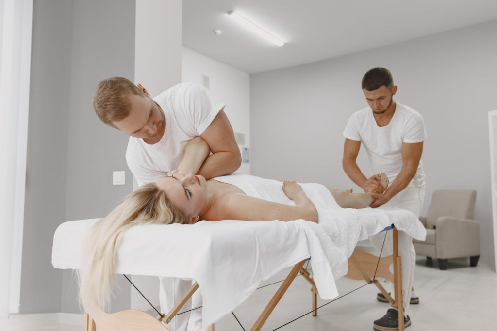 This photo shows a woman getting a massage. 