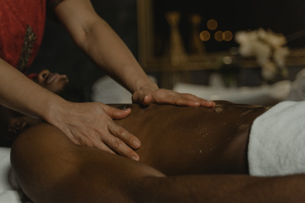 This photo shows a man getting a massage.