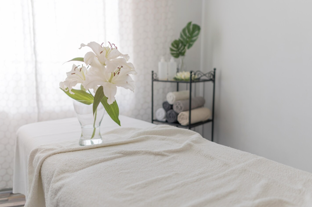 Calm massage therapy room.