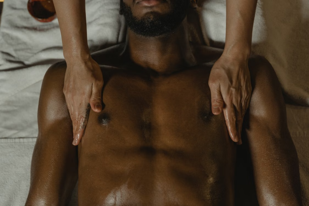 This photo shows a man getting a massage.