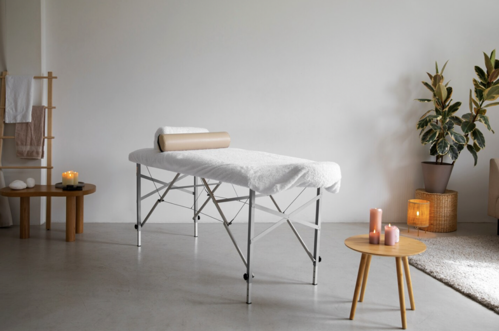 Professional massage therapy room prepared for an athlete-focused recovery treatment.
