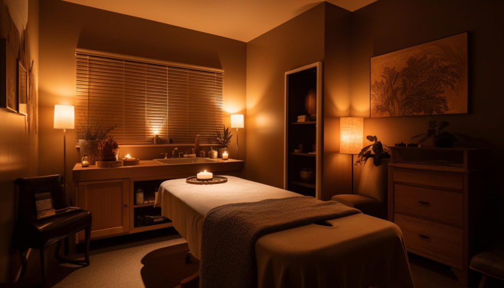 a room with ambient lights.